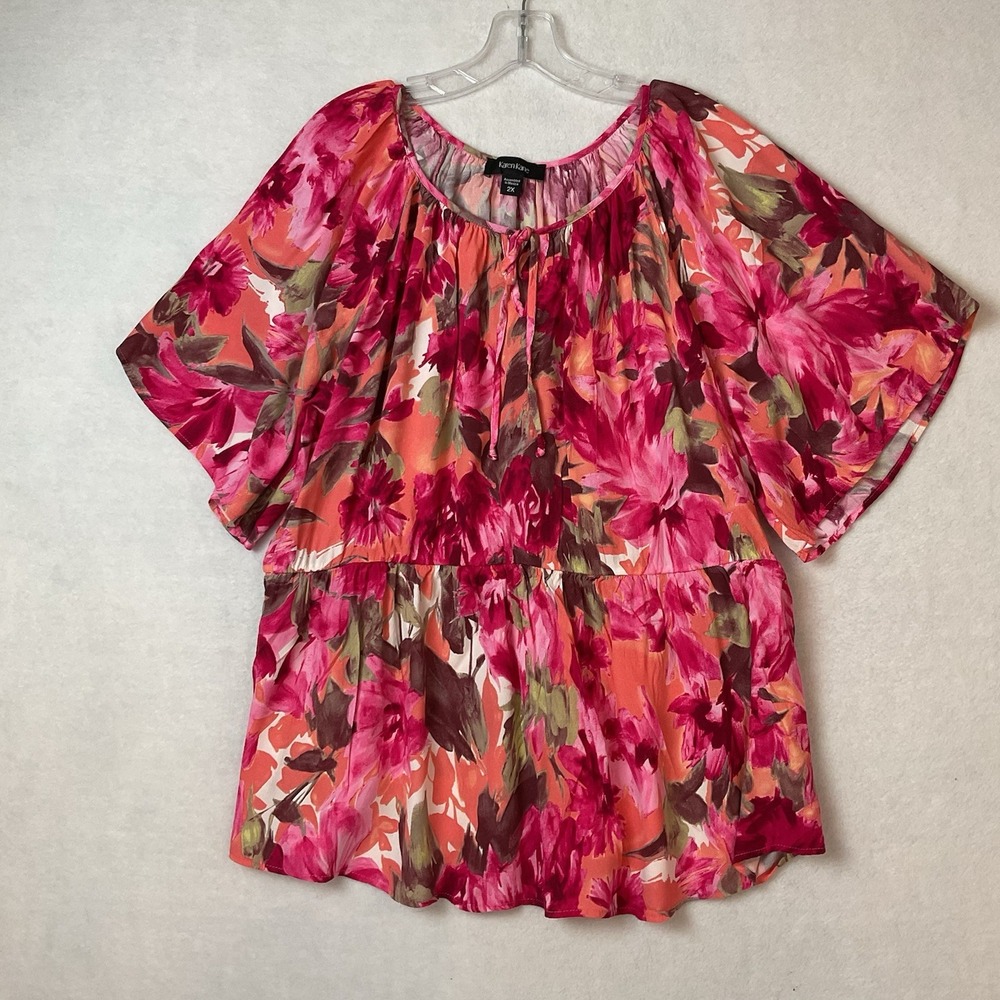 Karen Kane Blouse Peasant Top Womens Plus 2X Pink Floral Short Sleeves